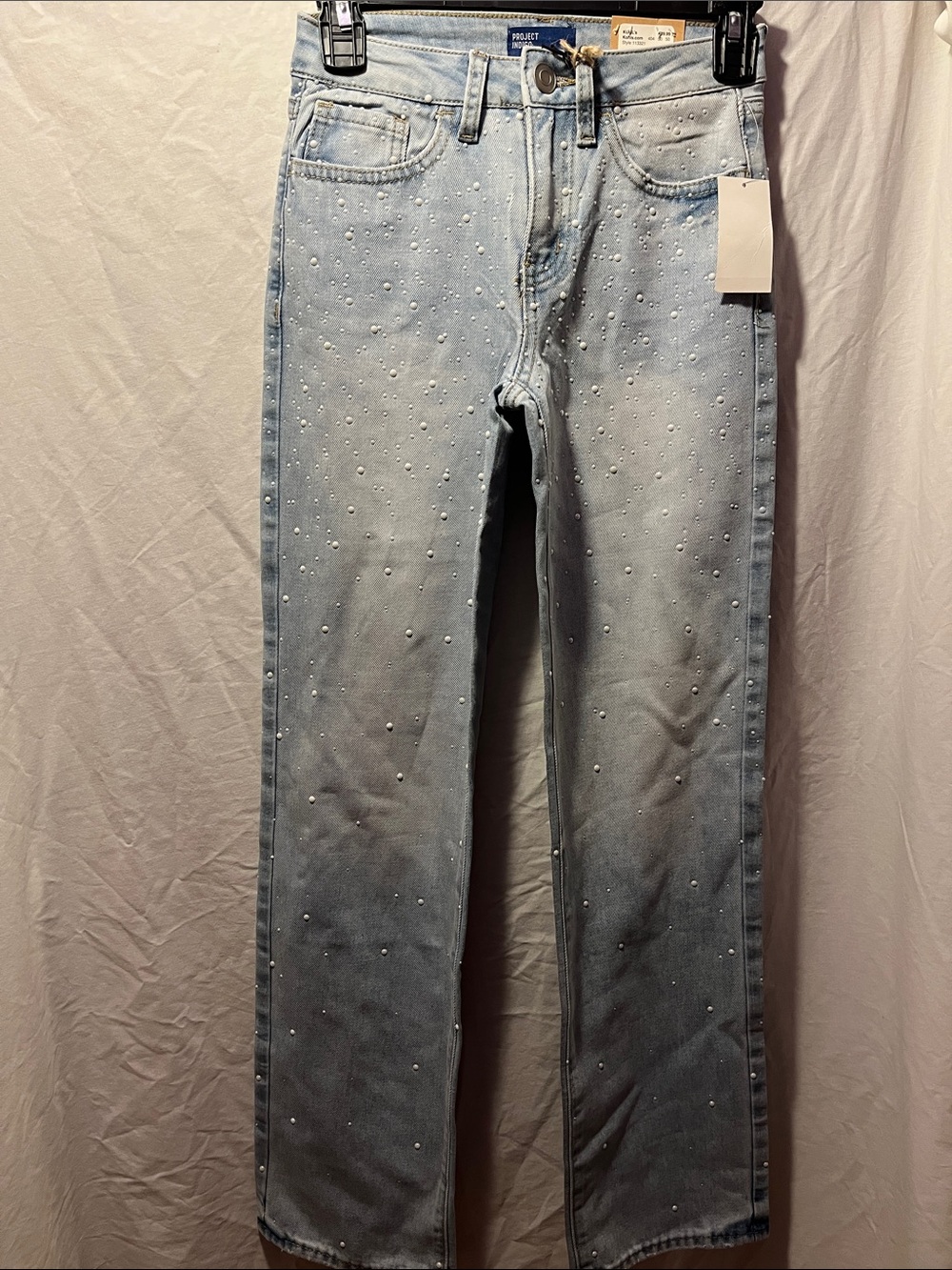 Light Wash Pearl-Embellished Straight Jeans